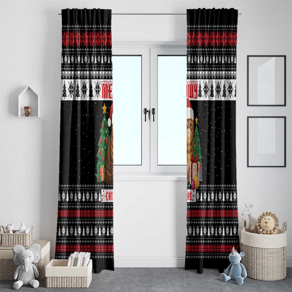 Meowy Catmas Window Curtain with Tabby Cat Santa Hat and Christmas Tree Gift Pattern Design - Wonder Print Shop