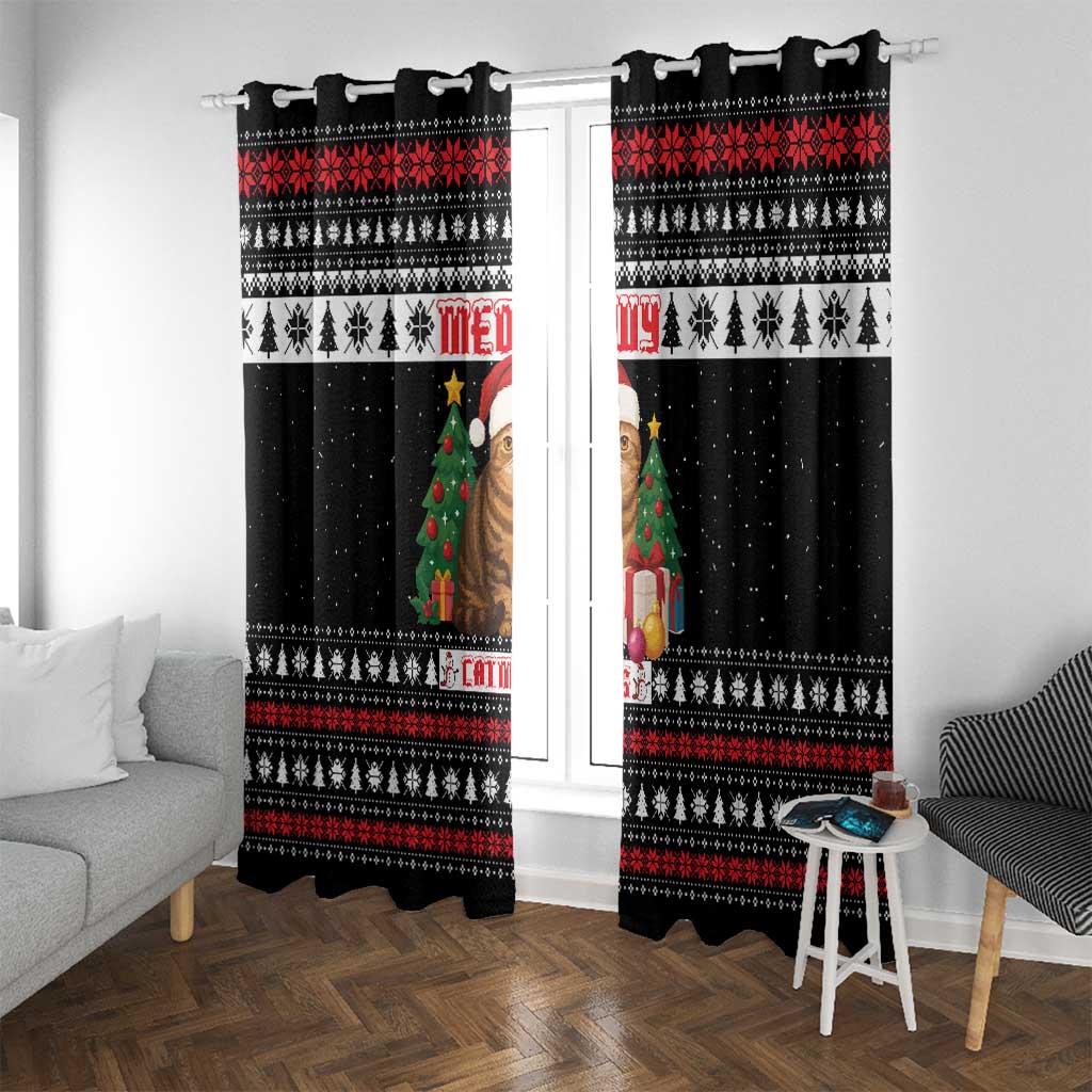 Meowy Catmas Window Curtain with Tabby Cat Santa Hat and Christmas Tree Gift Pattern Design - Wonder Print Shop