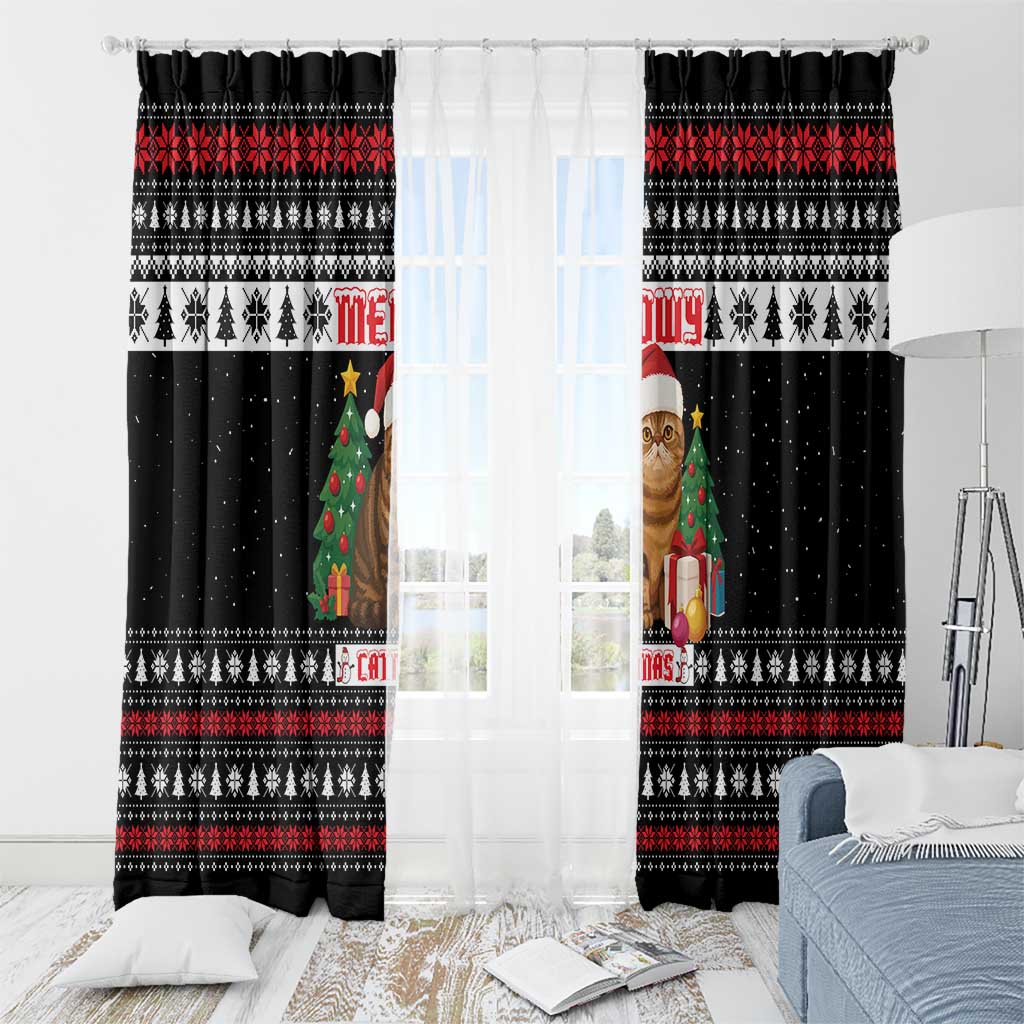 Meowy Catmas Window Curtain with Tabby Cat Santa Hat and Christmas Tree Gift Pattern Design - Wonder Print Shop