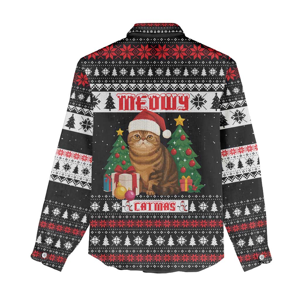 Meowy Catmas Women Casual Shirt with Tabby Cat Santa Hat and Christmas Tree Gift Pattern Design - Wonder Print Shop