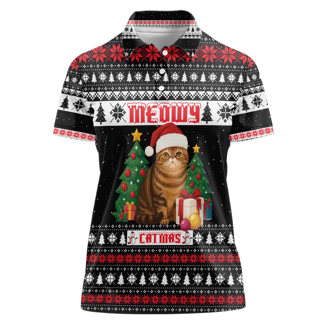 Meowy Catmas Women Polo Shirt with Tabby Cat Santa Hat and Christmas Tree Gift Pattern Design - Wonder Print Shop