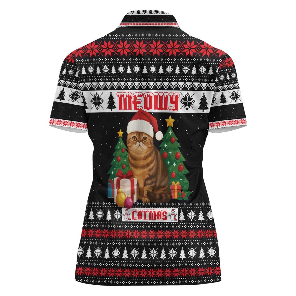 Meowy Catmas Women Polo Shirt with Tabby Cat Santa Hat and Christmas Tree Gift Pattern Design - Wonder Print Shop
