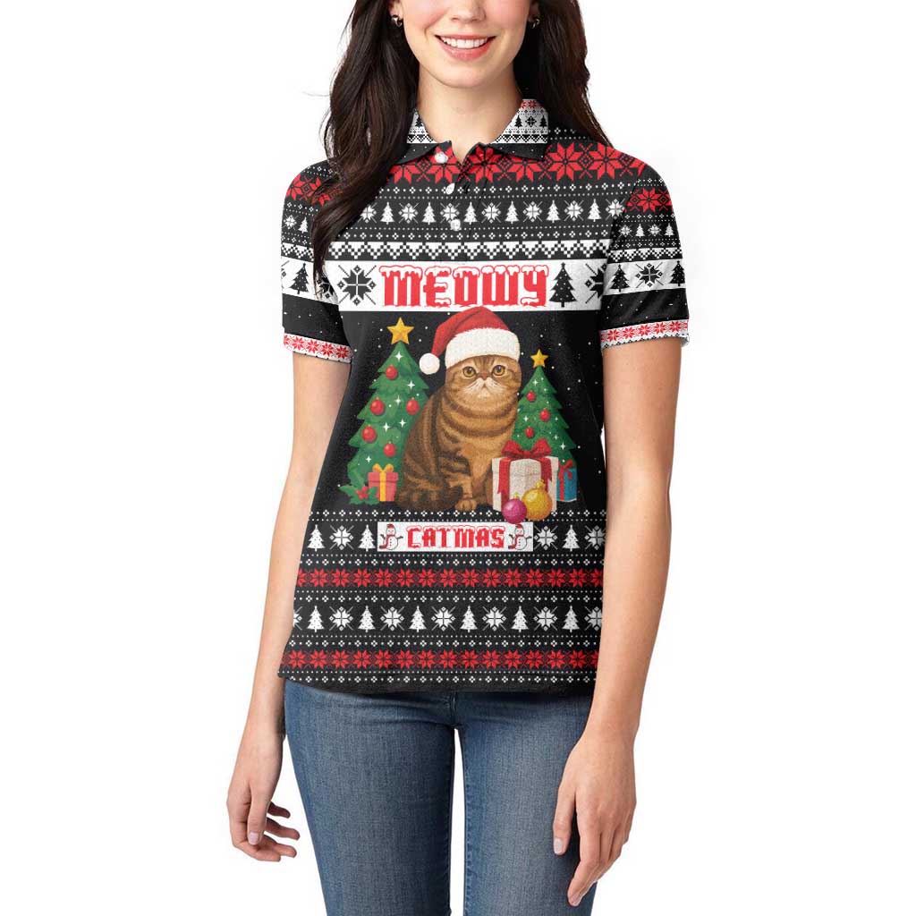 Meowy Catmas Women Polo Shirt with Tabby Cat Santa Hat and Christmas Tree Gift Pattern Design - Wonder Print Shop