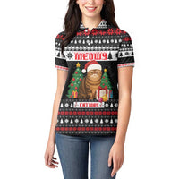 Meowy Catmas Women Polo Shirt with Tabby Cat Santa Hat and Christmas Tree Gift Pattern Design - Wonder Print Shop