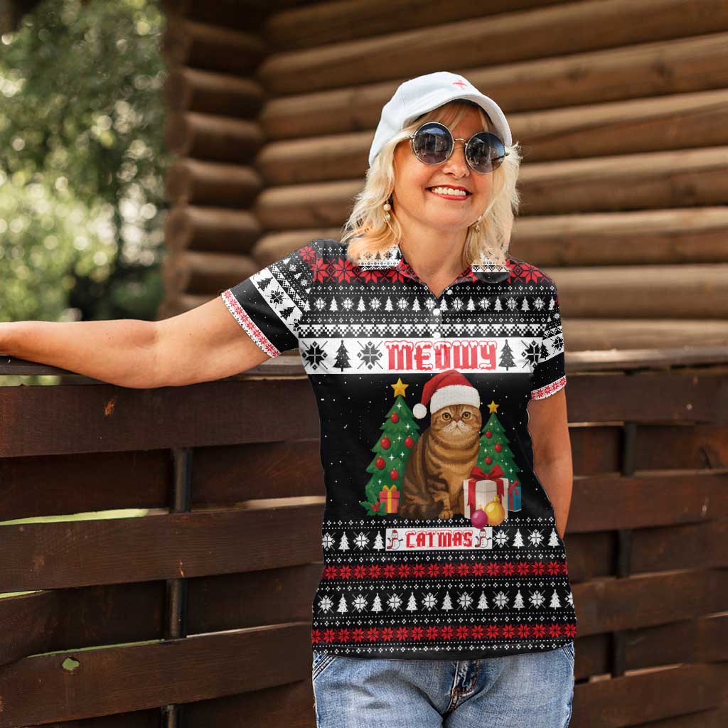 Meowy Catmas Women Polo Shirt with Tabby Cat Santa Hat and Christmas Tree Gift Pattern Design - Wonder Print Shop