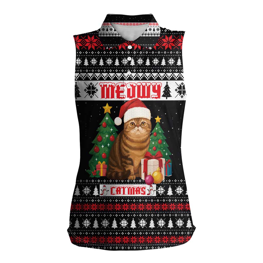 Meowy Catmas Women Sleeveless Polo Shirt with Tabby Cat Santa Hat and Christmas Tree Gift Pattern Design - Wonder Print Shop