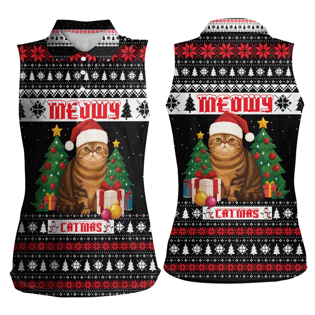 Meowy Catmas Women Sleeveless Polo Shirt with Tabby Cat Santa Hat and Christmas Tree Gift Pattern Design - Wonder Print Shop