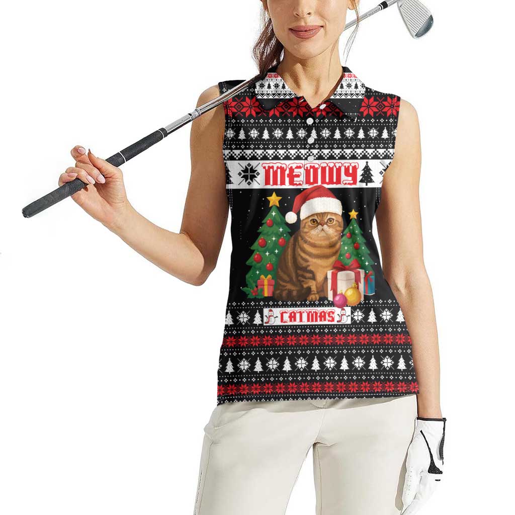 Meowy Catmas Women Sleeveless Polo Shirt with Tabby Cat Santa Hat and Christmas Tree Gift Pattern Design - Wonder Print Shop