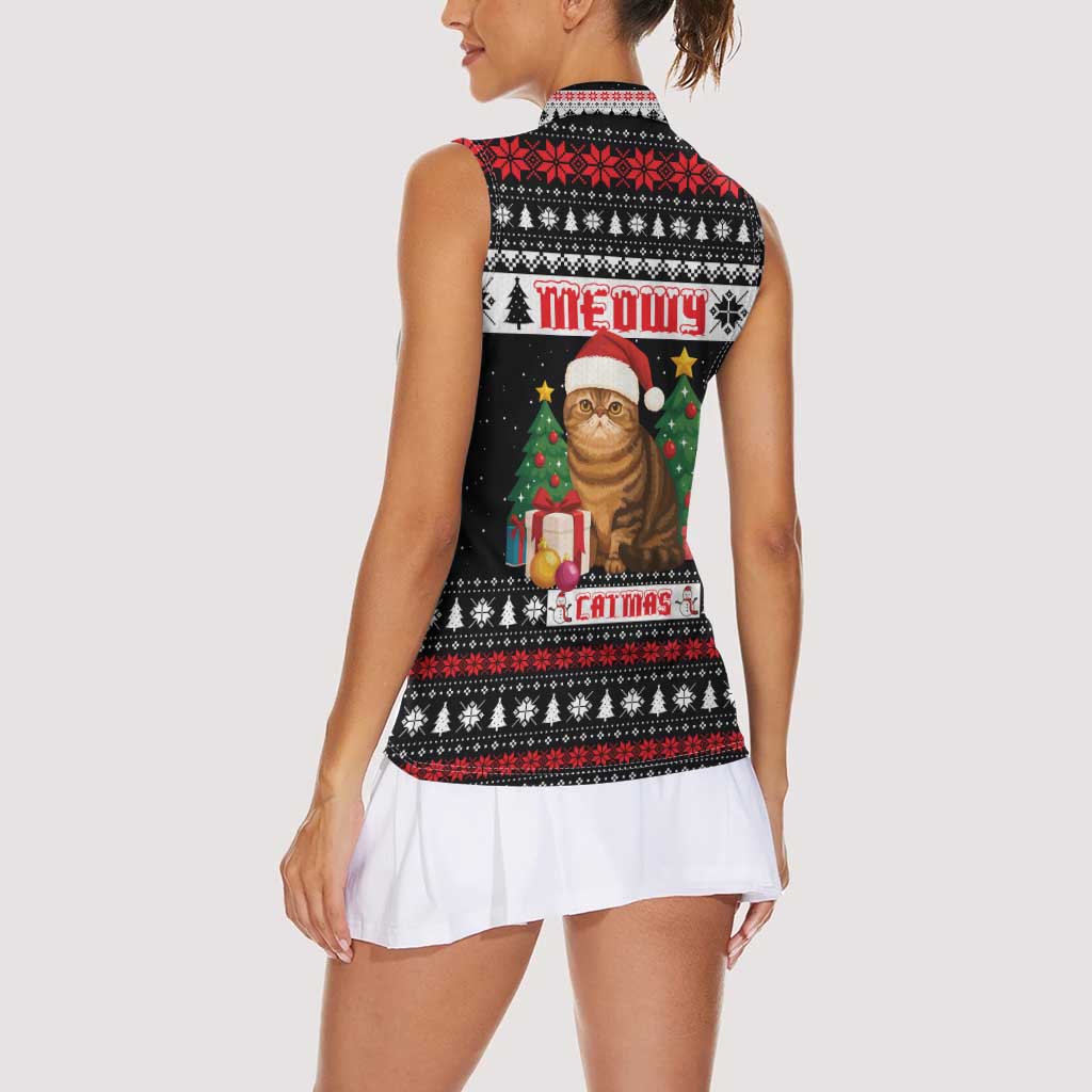 Meowy Catmas Women Sleeveless Polo Shirt with Tabby Cat Santa Hat and Christmas Tree Gift Pattern Design - Wonder Print Shop