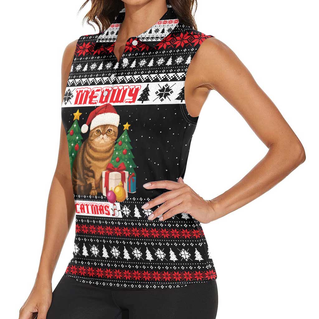 Meowy Catmas Women Sleeveless Polo Shirt with Tabby Cat Santa Hat and Christmas Tree Gift Pattern Design - Wonder Print Shop