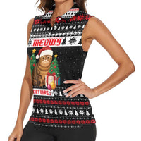Meowy Catmas Women Sleeveless Polo Shirt with Tabby Cat Santa Hat and Christmas Tree Gift Pattern Design - Wonder Print Shop