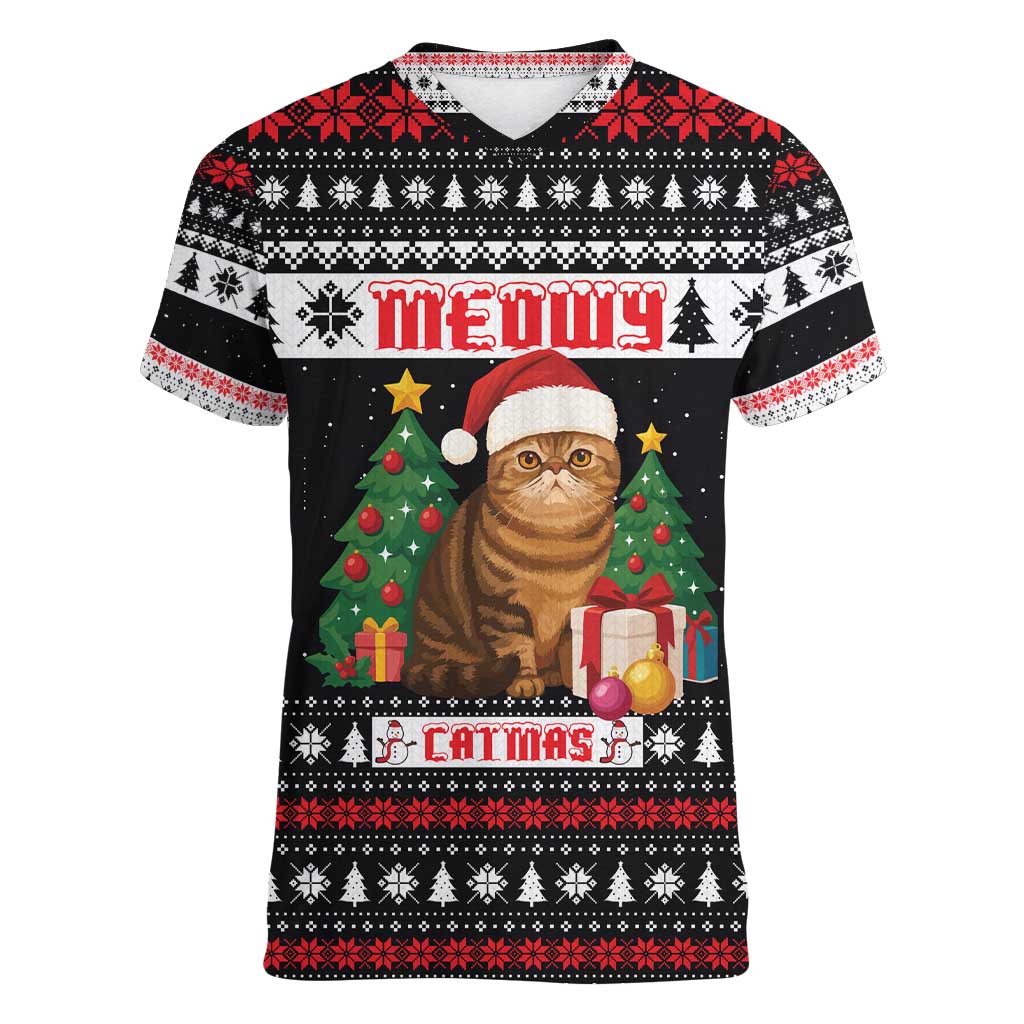 Meowy Catmas Women V-Neck T-Shirt with Tabby Cat Santa Hat and Christmas Tree Gift Pattern Design - Wonder Print Shop