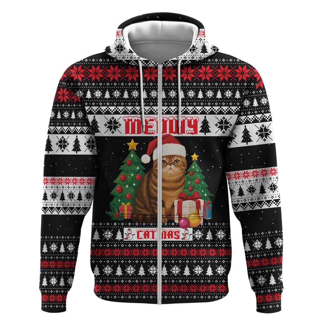 Meowy Catmas Zip Hoodie with Tabby Cat Santa Hat and Christmas Tree Gift Pattern Design - Wonder Print Shop