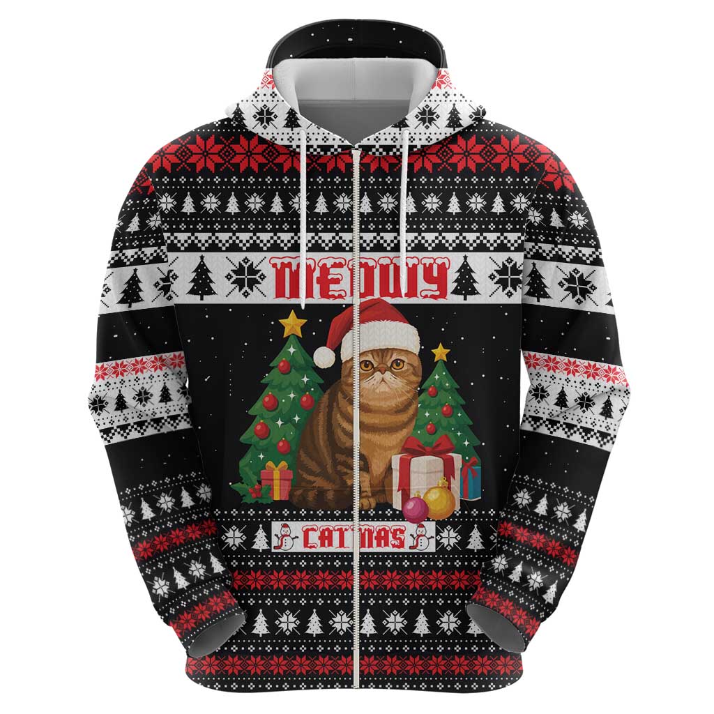 Meowy Catmas Zip Hoodie with Tabby Cat Santa Hat and Christmas Tree Gift Pattern Design - Wonder Print Shop