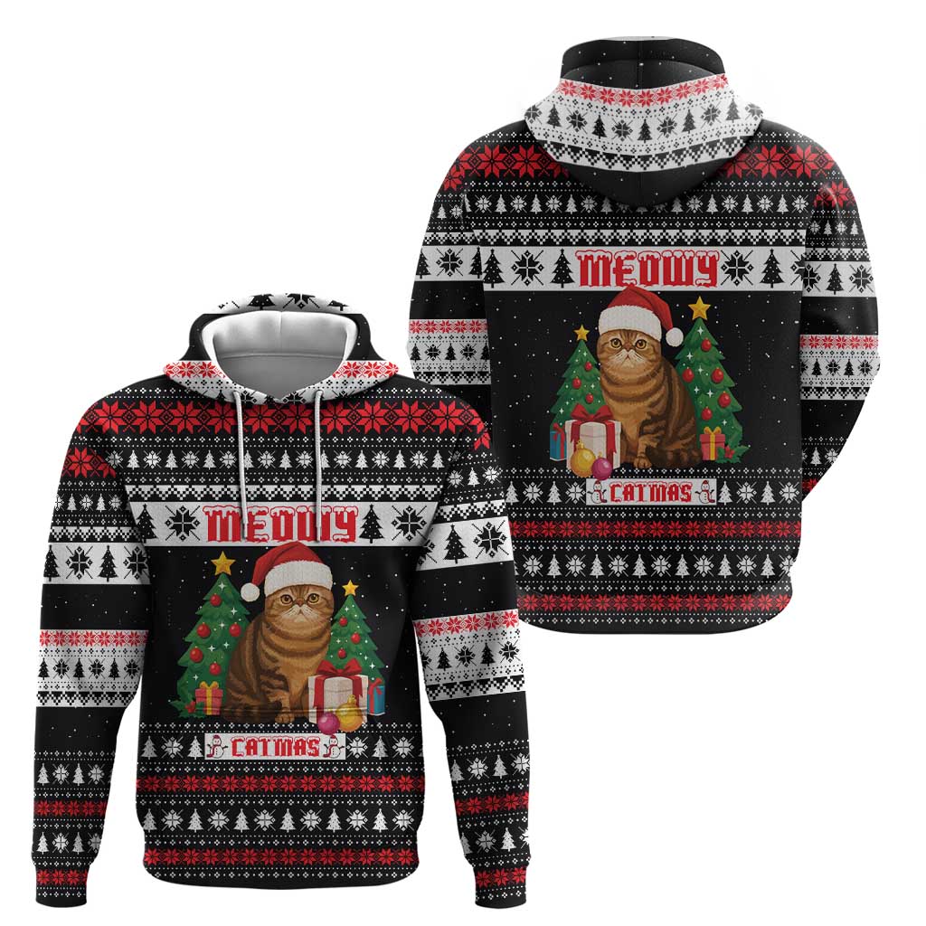 Meowy Catmas Zip Hoodie with Tabby Cat Santa Hat and Christmas Tree Gift Pattern Design - Wonder Print Shop