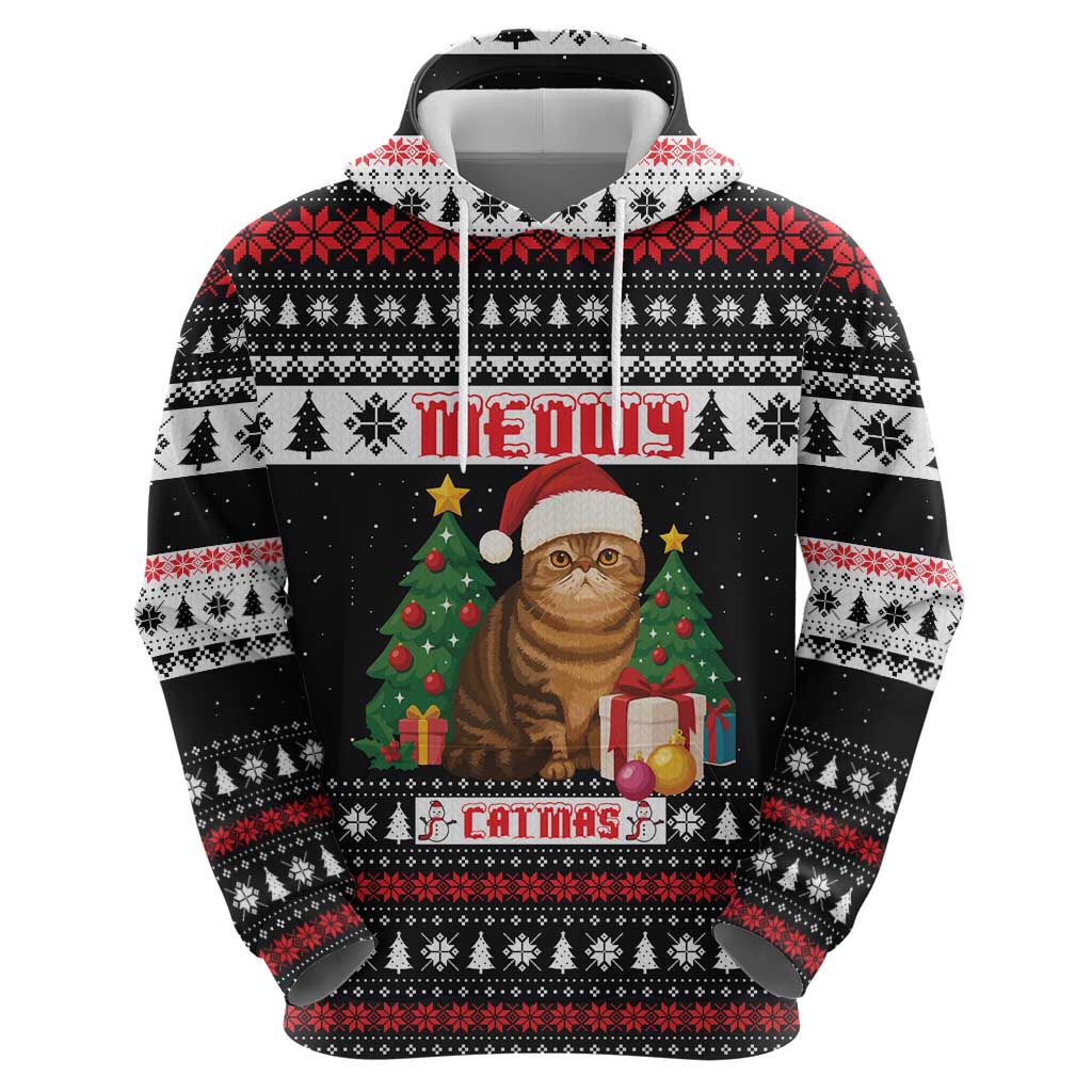 Meowy Catmas Zip Hoodie with Tabby Cat Santa Hat and Christmas Tree Gift Pattern Design - Wonder Print Shop