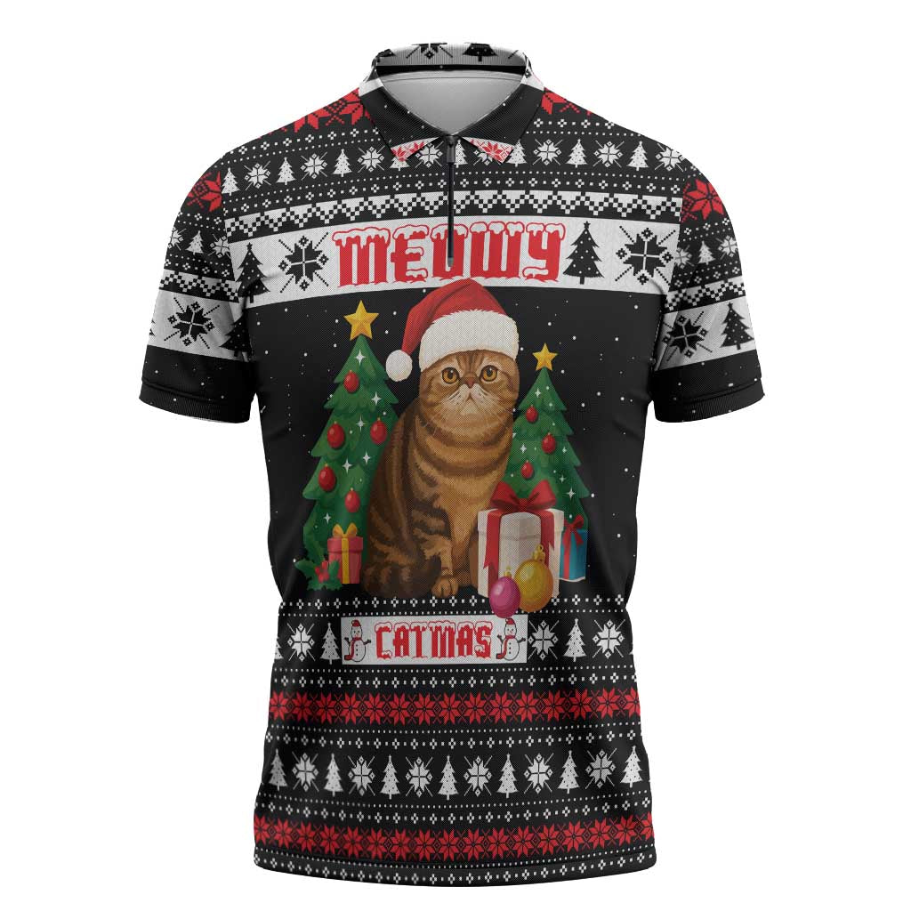 Meowy Catmas Zipper Polo Shirt with Tabby Cat Santa Hat and Christmas Tree Gift Pattern Design - Wonder Print Shop