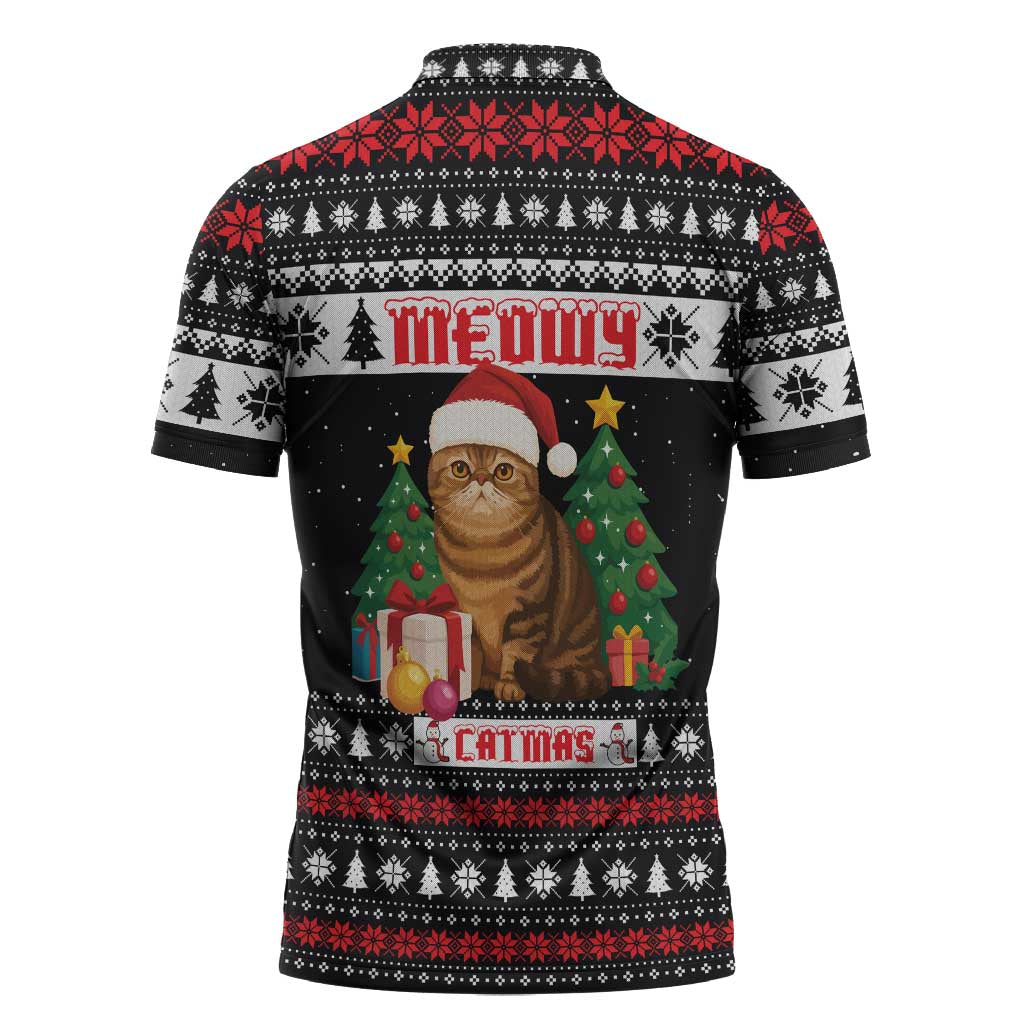 Meowy Catmas Zipper Polo Shirt with Tabby Cat Santa Hat and Christmas Tree Gift Pattern Design - Wonder Print Shop