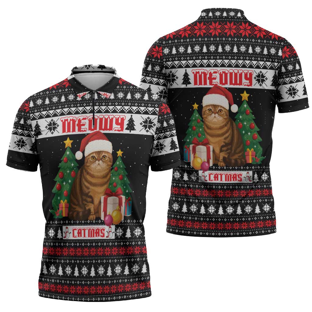 Meowy Catmas Zipper Polo Shirt with Tabby Cat Santa Hat and Christmas Tree Gift Pattern Design - Wonder Print Shop