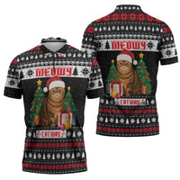 Meowy Catmas Zipper Polo Shirt with Tabby Cat Santa Hat and Christmas Tree Gift Pattern Design - Wonder Print Shop
