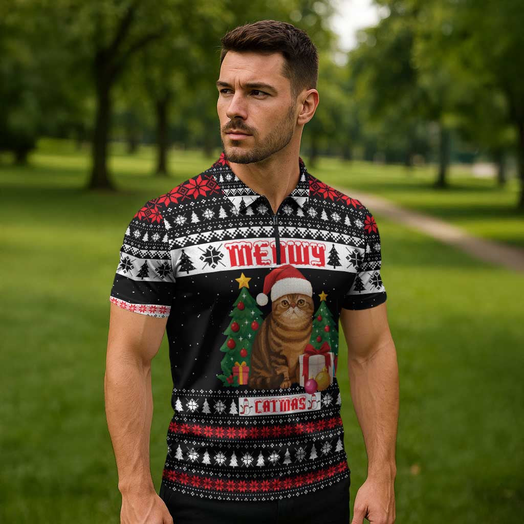 Meowy Catmas Zipper Polo Shirt with Tabby Cat Santa Hat and Christmas Tree Gift Pattern Design - Wonder Print Shop