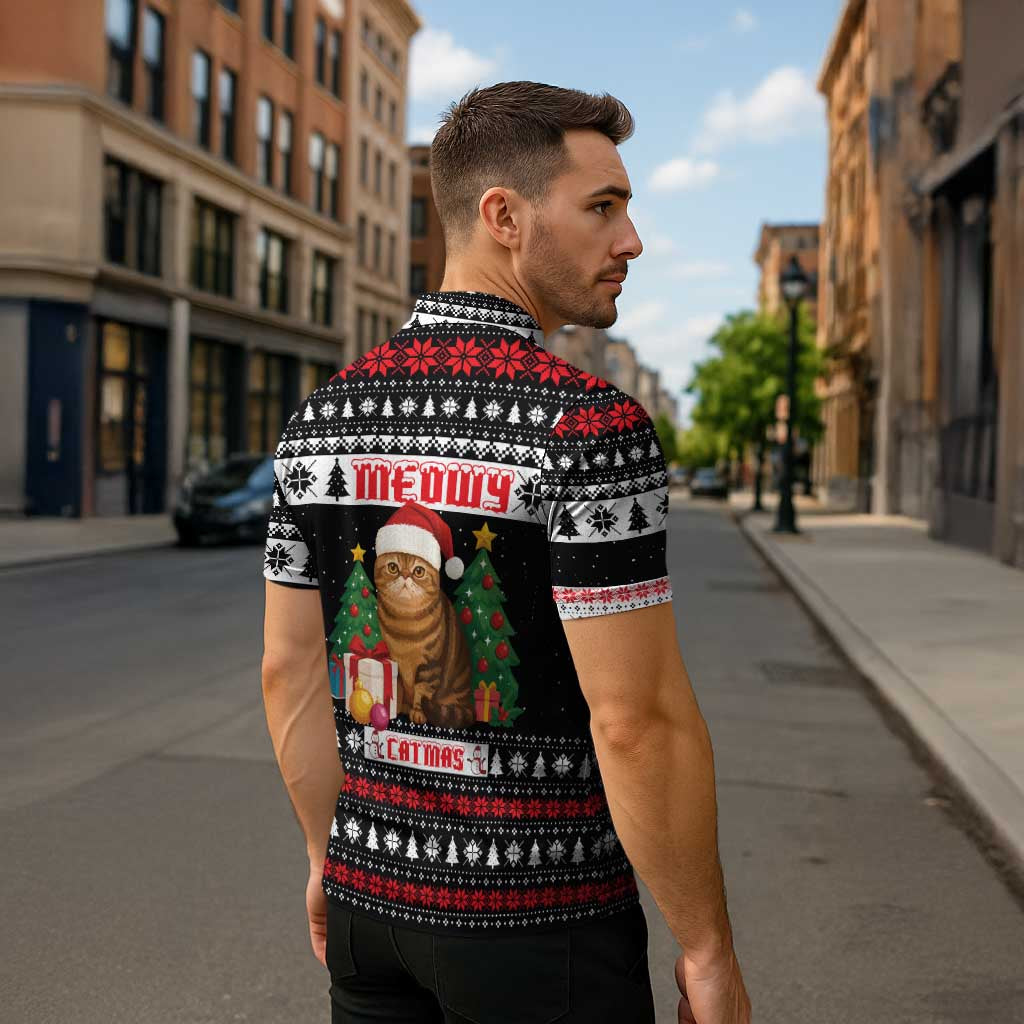 Meowy Catmas Zipper Polo Shirt with Tabby Cat Santa Hat and Christmas Tree Gift Pattern Design - Wonder Print Shop