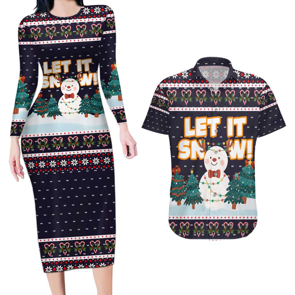 Let It Snow Christmas Couples Matching Long Sleeve Bodycon Dress and Hawaiian Shirt Funny Xmas Holiday Patterns - Wonder Print Shop