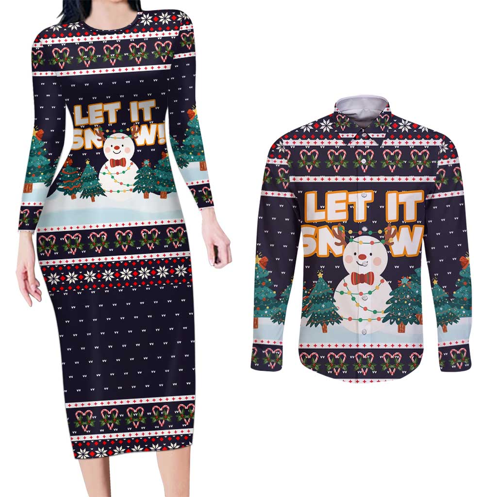 Let It Snow Christmas Couples Matching Long Sleeve Bodycon Dress and Long Sleeve Button Shirt Funny Xmas Holiday Patterns - Wonder Print Shop