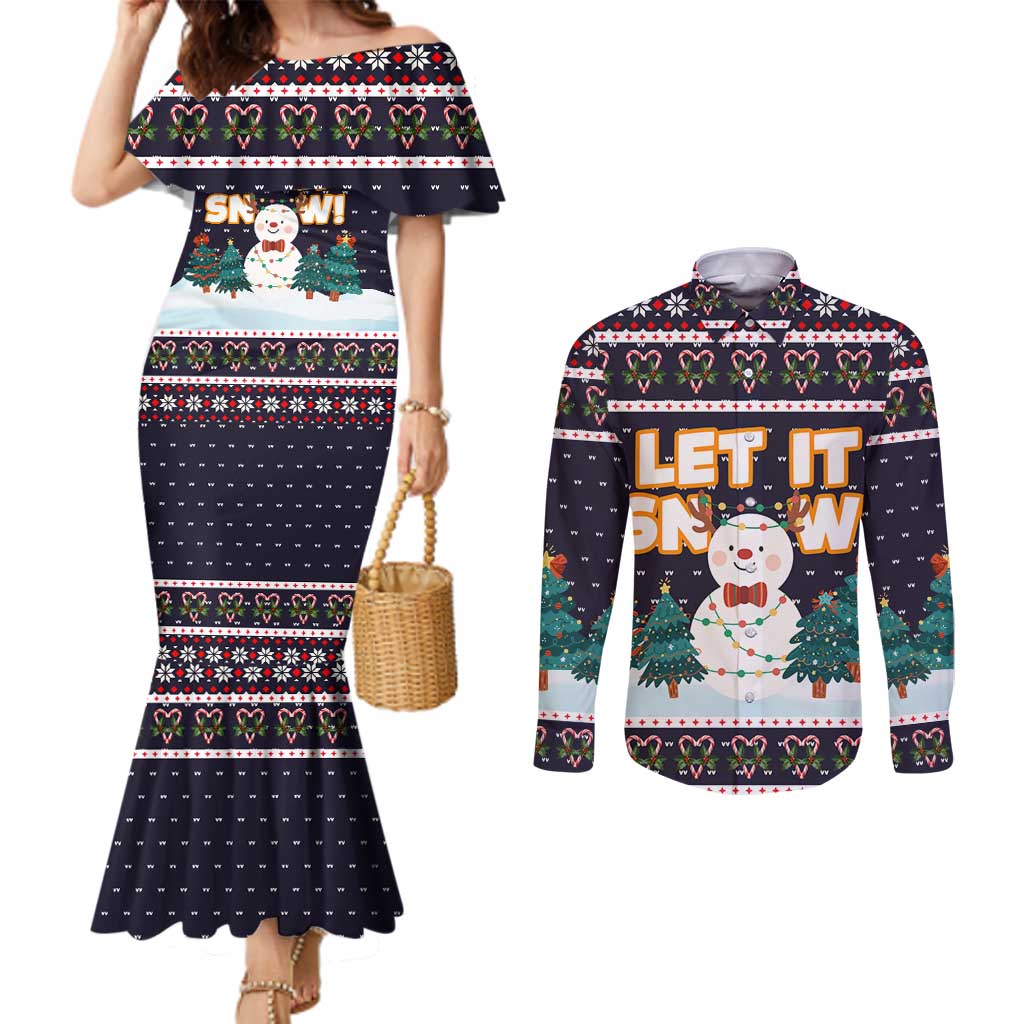 Let It Snow Christmas Couples Matching Mermaid Dress and Long Sleeve Button Shirt Funny Xmas Holiday Patterns - Wonder Print Shop