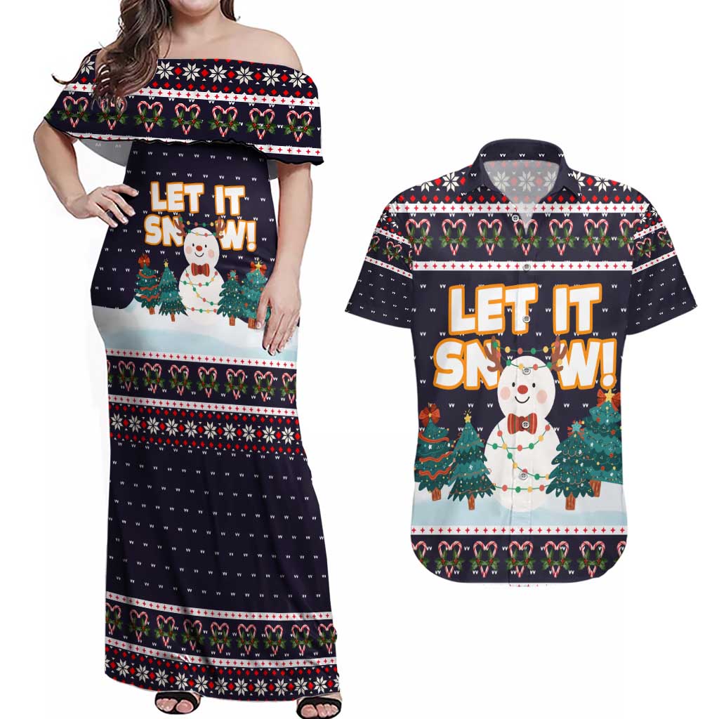 Let It Snow Christmas Couples Matching Off Shoulder Maxi Dress and Hawaiian Shirt Funny Xmas Holiday Patterns - Wonder Print Shop