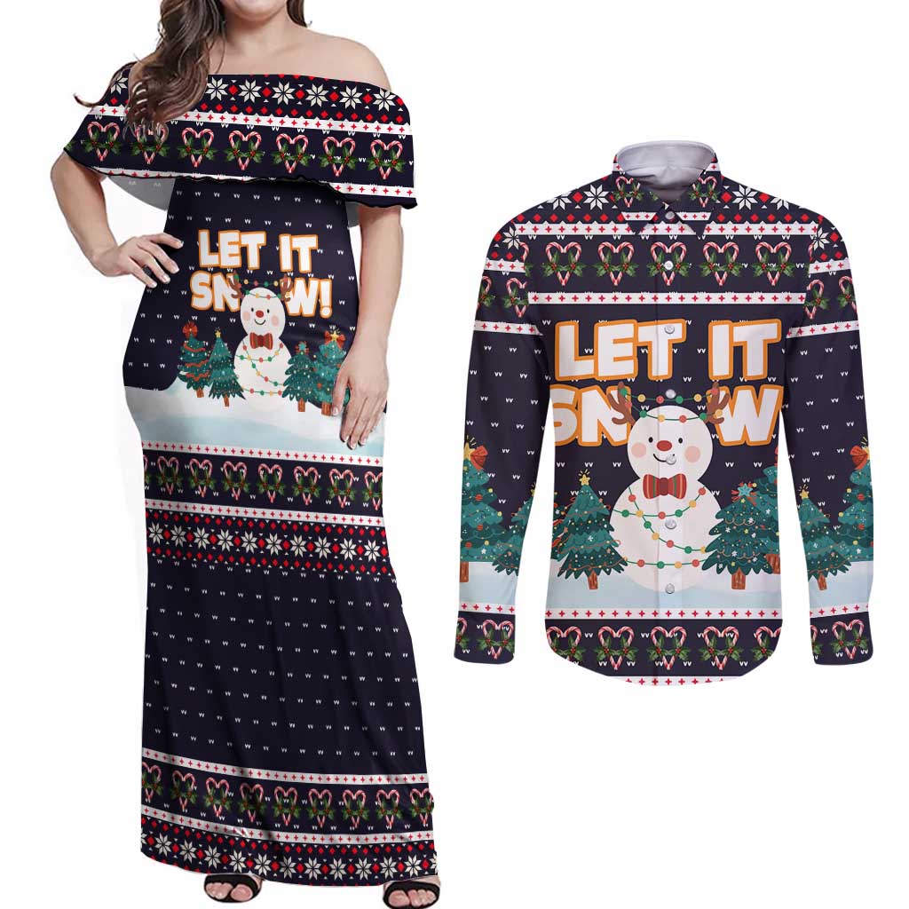Let It Snow Christmas Couples Matching Off Shoulder Maxi Dress and Long Sleeve Button Shirt Funny Xmas Holiday Patterns - Wonder Print Shop
