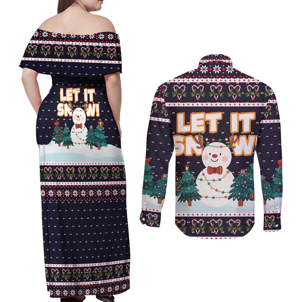 Let It Snow Christmas Couples Matching Off Shoulder Maxi Dress and Long Sleeve Button Shirt Funny Xmas Holiday Patterns - Wonder Print Shop