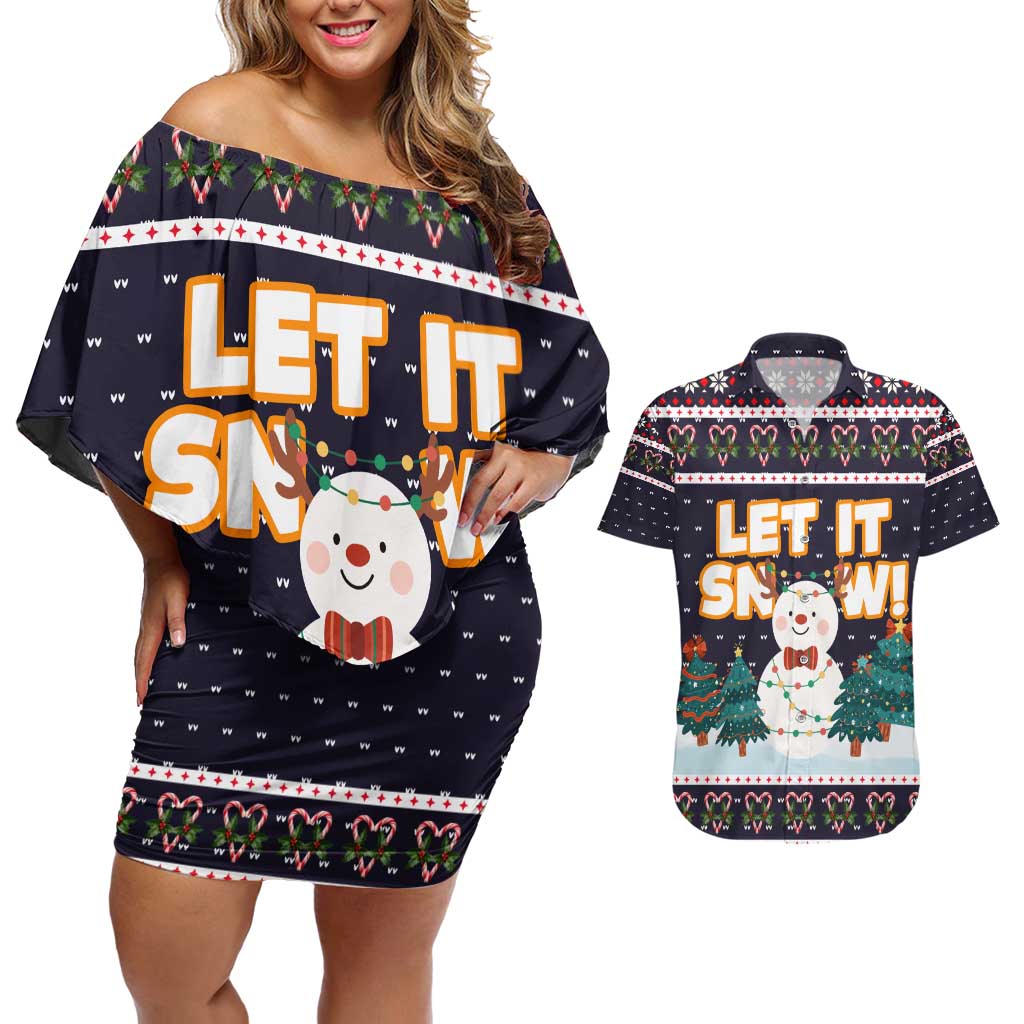 Let It Snow Christmas Couples Matching Off Shoulder Short Dress and Hawaiian Shirt Funny Xmas Holiday Patterns - Wonder Print Shop