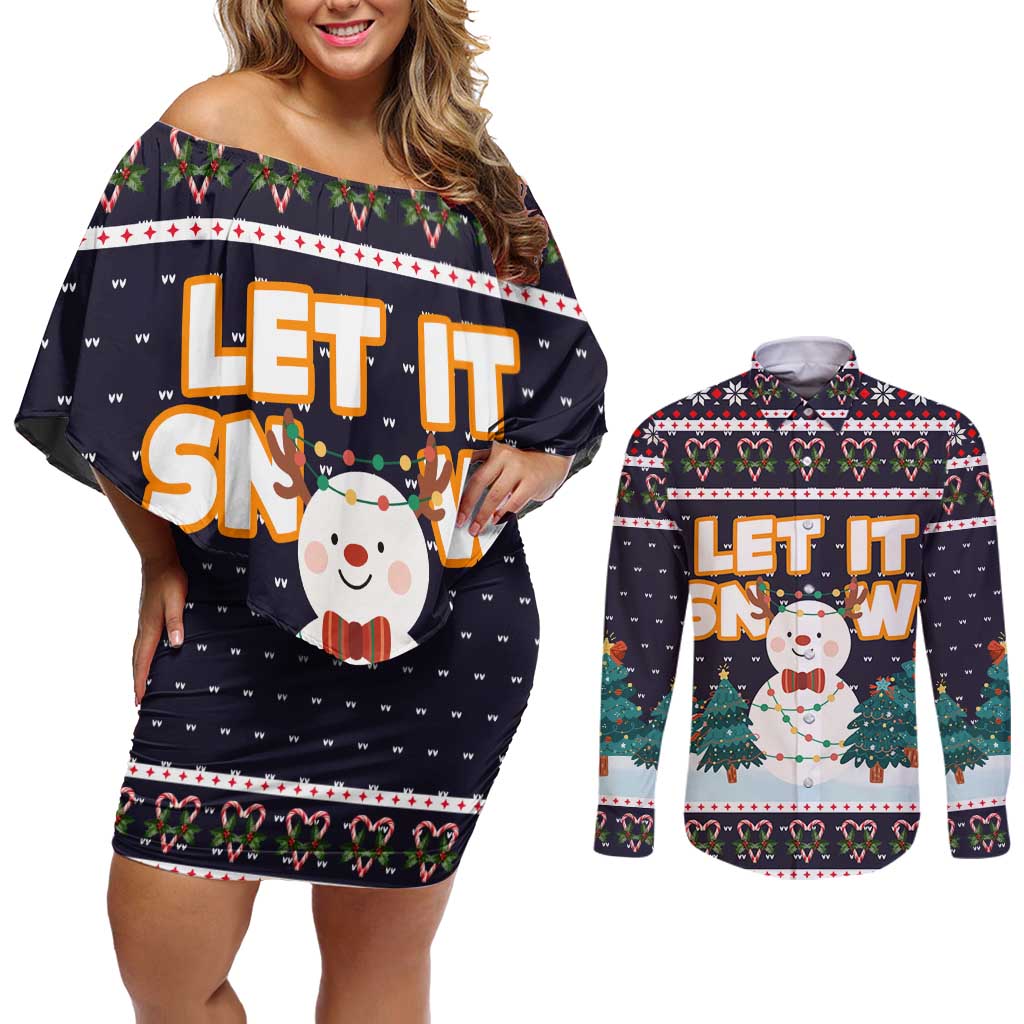 Let It Snow Christmas Couples Matching Off Shoulder Short Dress and Long Sleeve Button Shirt Funny Xmas Holiday Patterns - Wonder Print Shop