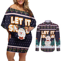 Let It Snow Christmas Couples Matching Off Shoulder Short Dress and Long Sleeve Button Shirt Funny Xmas Holiday Patterns - Wonder Print Shop