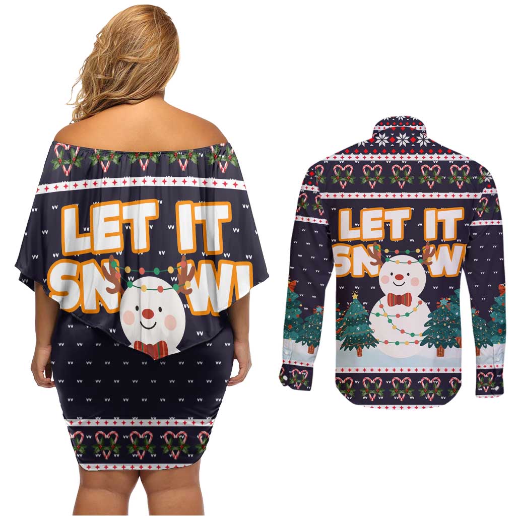 Let It Snow Christmas Couples Matching Off Shoulder Short Dress and Long Sleeve Button Shirt Funny Xmas Holiday Patterns - Wonder Print Shop