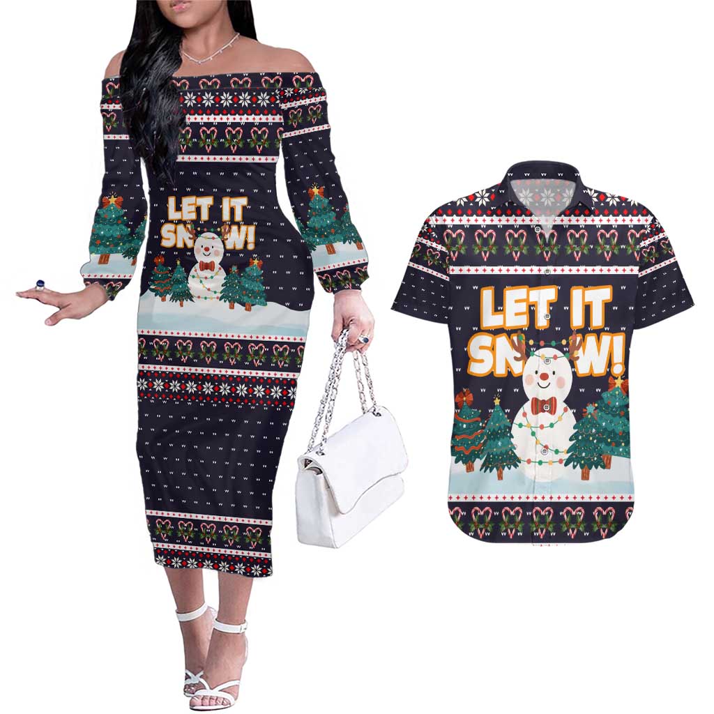 Let It Snow Christmas Couples Matching Off The Shoulder Long Sleeve Dress and Hawaiian Shirt Funny Xmas Holiday Patterns - Wonder Print Shop