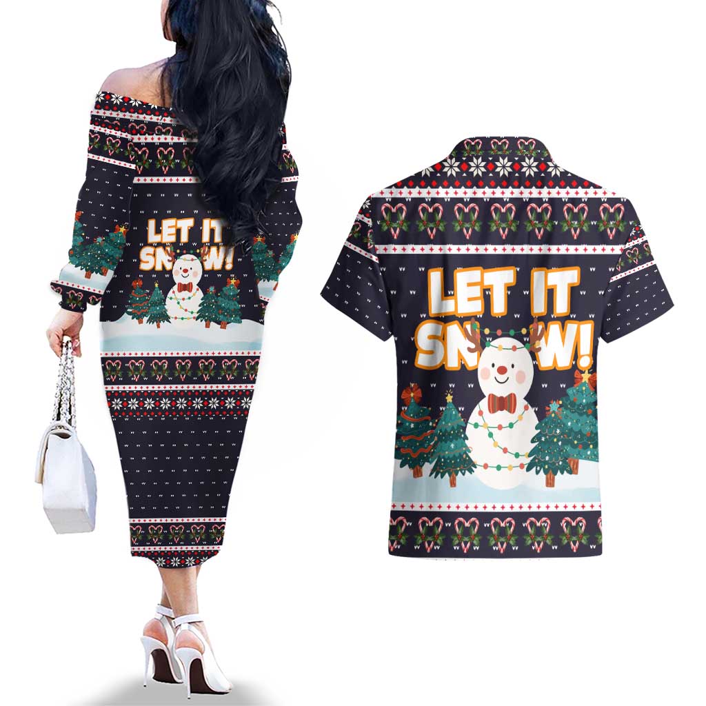 Let It Snow Christmas Couples Matching Off The Shoulder Long Sleeve Dress and Hawaiian Shirt Funny Xmas Holiday Patterns - Wonder Print Shop