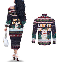 Let It Snow Christmas Couples Matching Off The Shoulder Long Sleeve Dress and Long Sleeve Button Shirt Funny Xmas Holiday Patterns - Wonder Print Shop