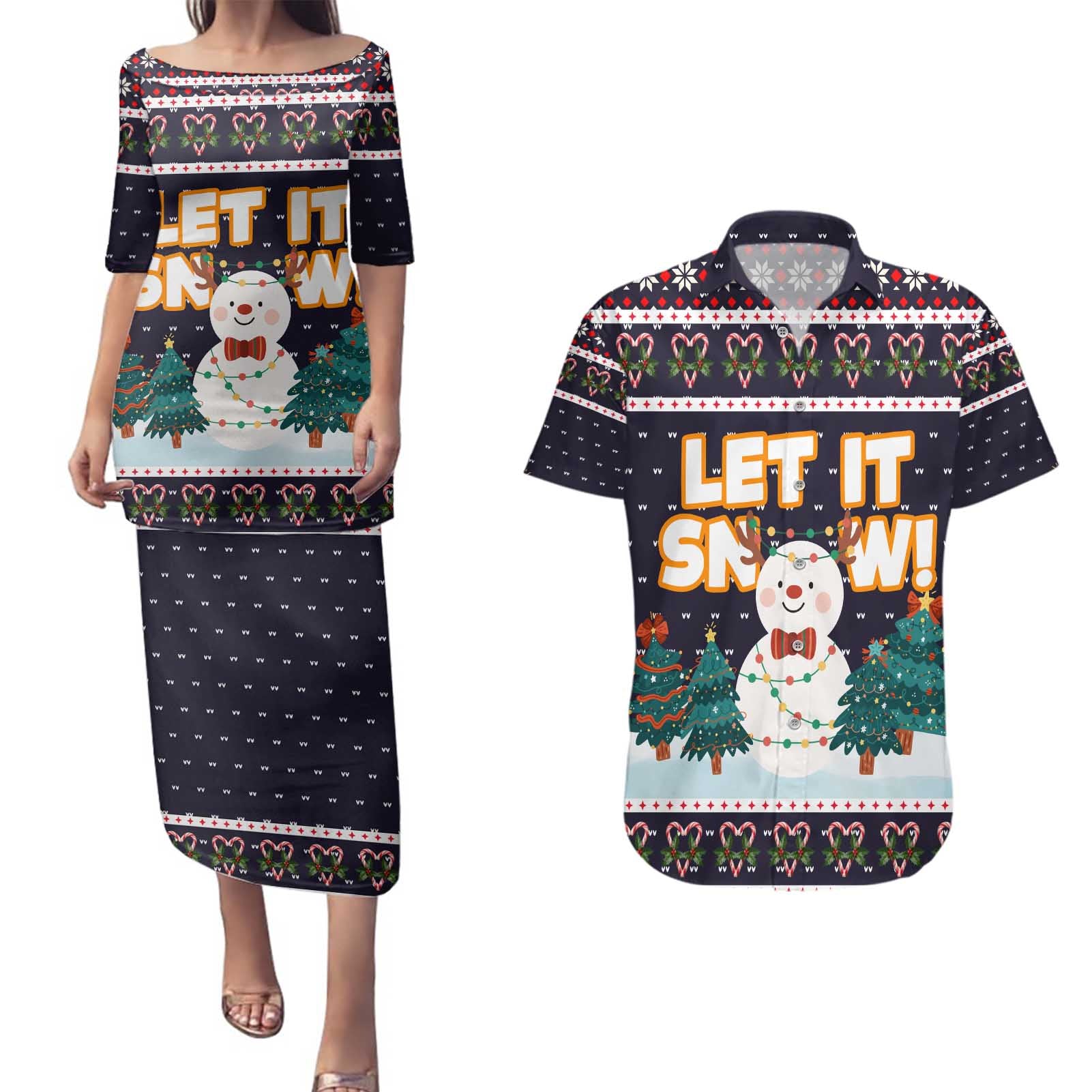 Let It Snow Christmas Couples Matching Puletasi and Hawaiian Shirt Funny Xmas Holiday Patterns - Wonder Print Shop