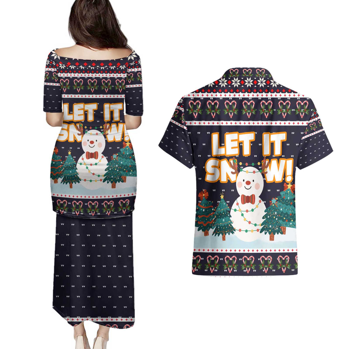 Let It Snow Christmas Couples Matching Puletasi and Hawaiian Shirt Funny Xmas Holiday Patterns - Wonder Print Shop