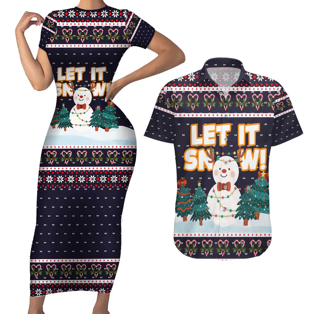 Let It Snow Christmas Couples Matching Short Sleeve Bodycon Dress and Hawaiian Shirt Funny Xmas Holiday Patterns - Wonder Print Shop