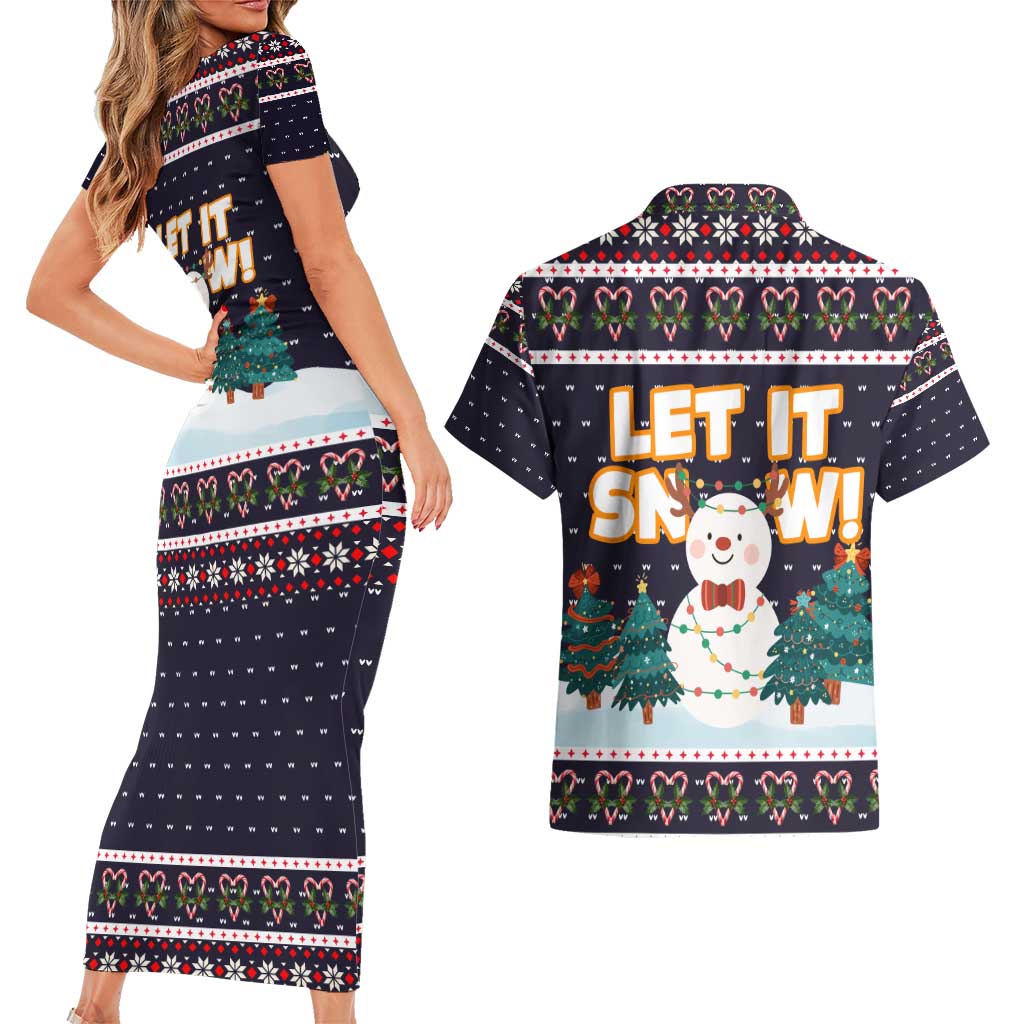 Let It Snow Christmas Couples Matching Short Sleeve Bodycon Dress and Hawaiian Shirt Funny Xmas Holiday Patterns - Wonder Print Shop