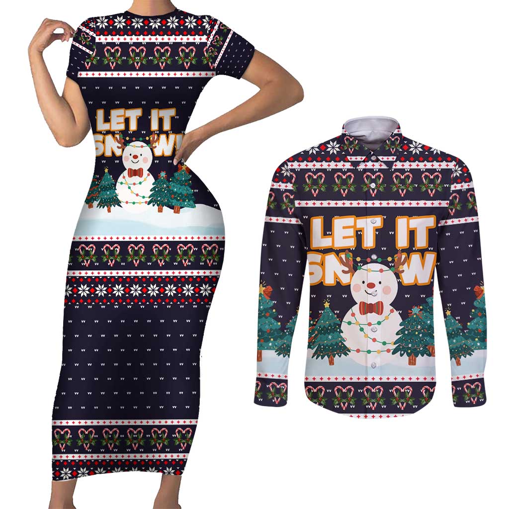 Let It Snow Christmas Couples Matching Short Sleeve Bodycon Dress and Long Sleeve Button Shirt Funny Xmas Holiday Patterns - Wonder Print Shop