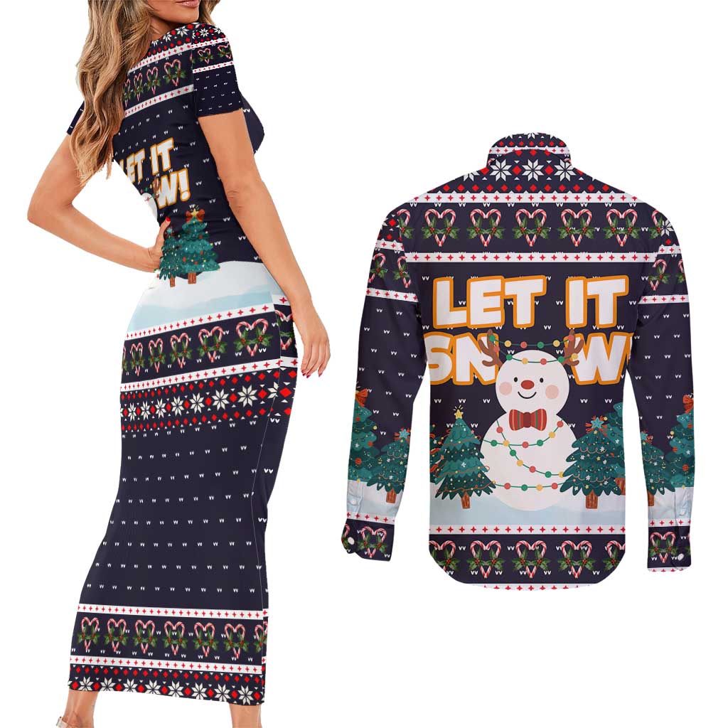 Let It Snow Christmas Couples Matching Short Sleeve Bodycon Dress and Long Sleeve Button Shirt Funny Xmas Holiday Patterns - Wonder Print Shop