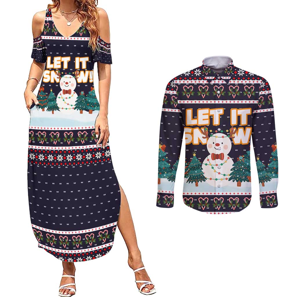 Let It Snow Christmas Couples Matching Summer Maxi Dress and Long Sleeve Button Shirt Funny Xmas Holiday Patterns - Wonder Print Shop