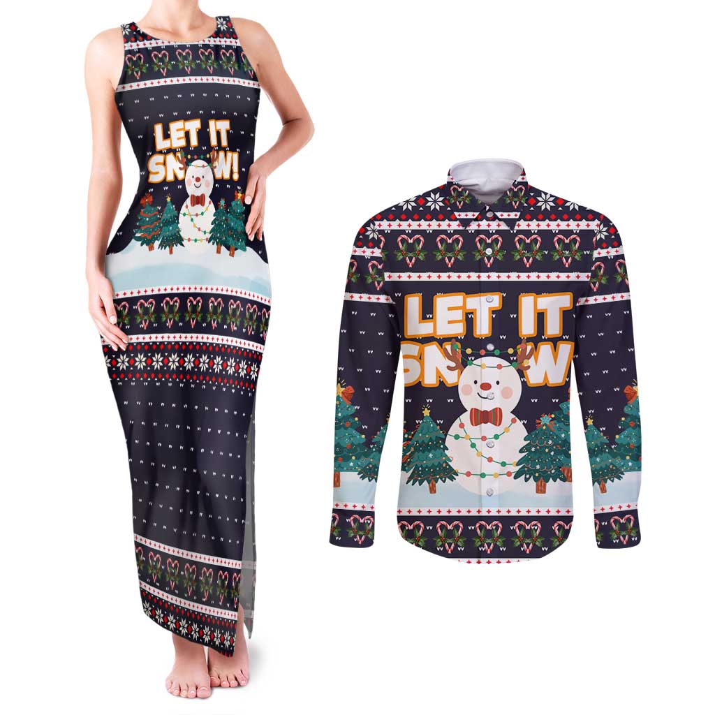 Let It Snow Christmas Couples Matching Tank Maxi Dress and Long Sleeve Button Shirt Funny Xmas Holiday Patterns - Wonder Print Shop