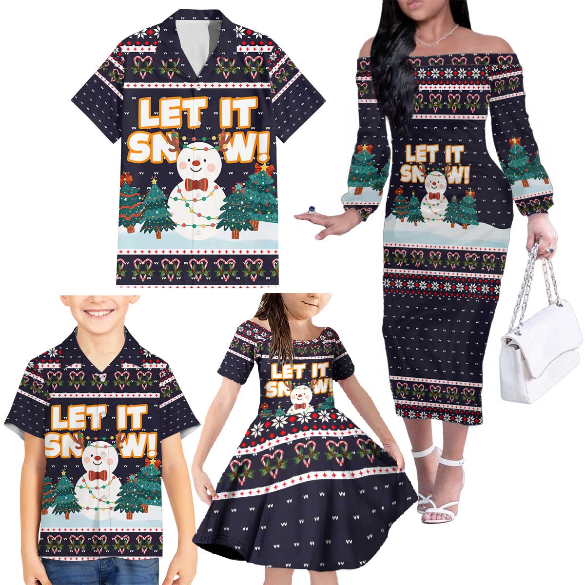 Let It Snow Christmas Family Matching Off The Shoulder Long Sleeve Dress and Hawaiian Shirt Funny Xmas Holiday Patterns - Wonder Print Shop