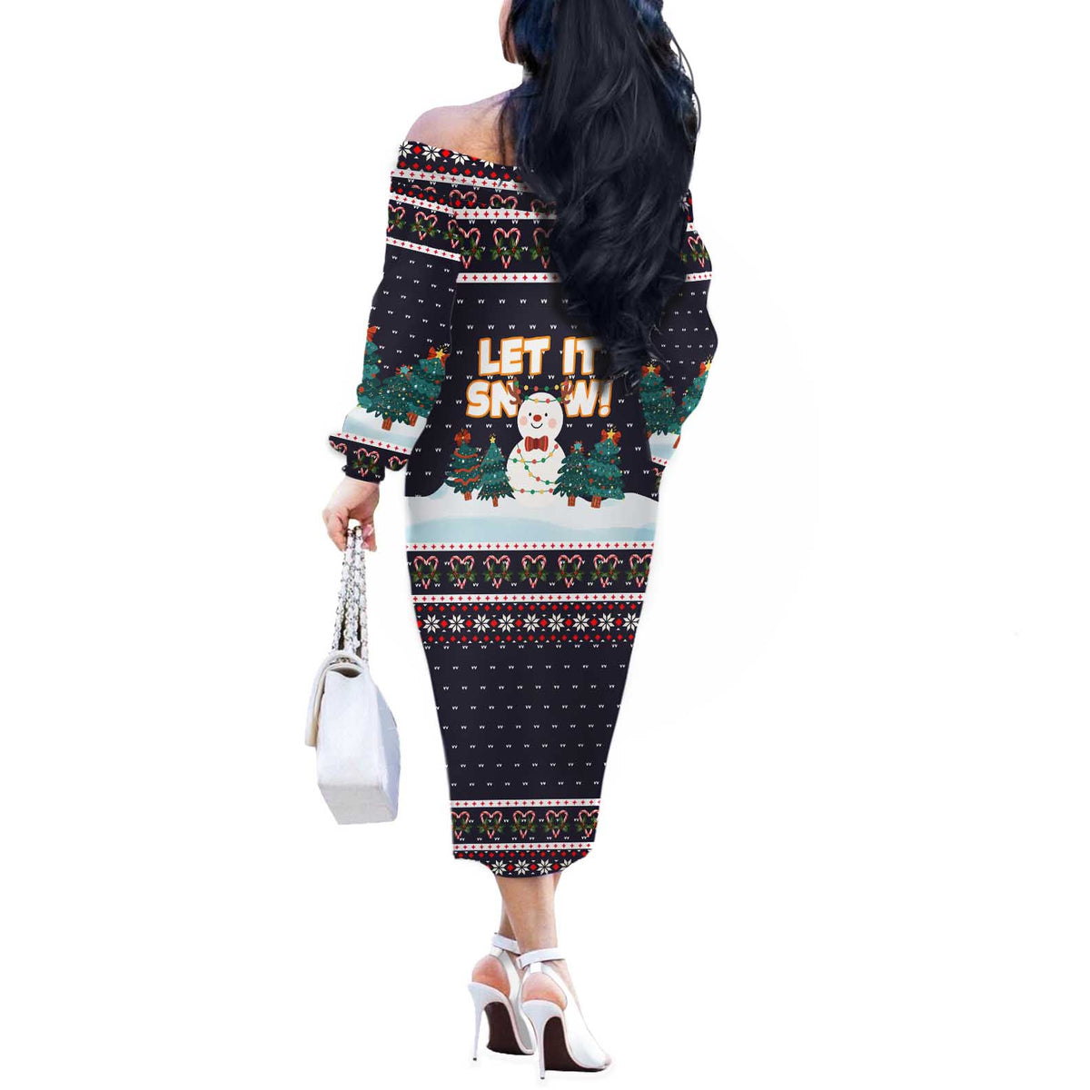 Let It Snow Christmas Off The Shoulder Long Sleeve Dress Funny Xmas Holiday Patterns - Wonder Print Shop
