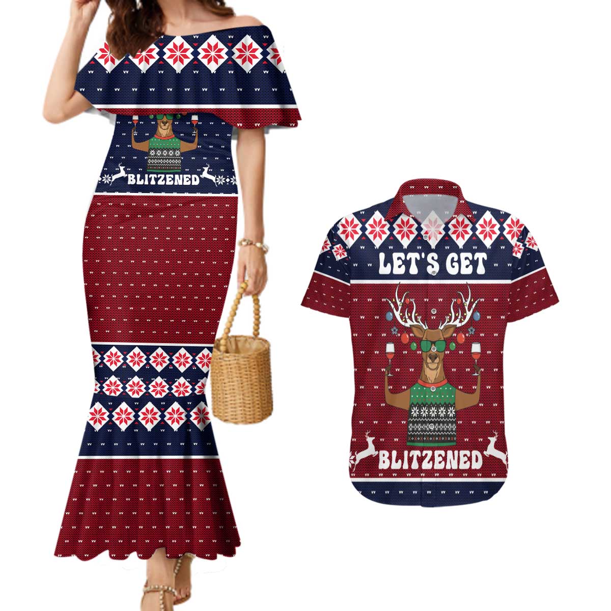 Lets Get Slouchy Christmas Couples Matching Mermaid Dress and Hawaiian Shirt Funny Xmas Holiday Patterns - Wonder Print Shop